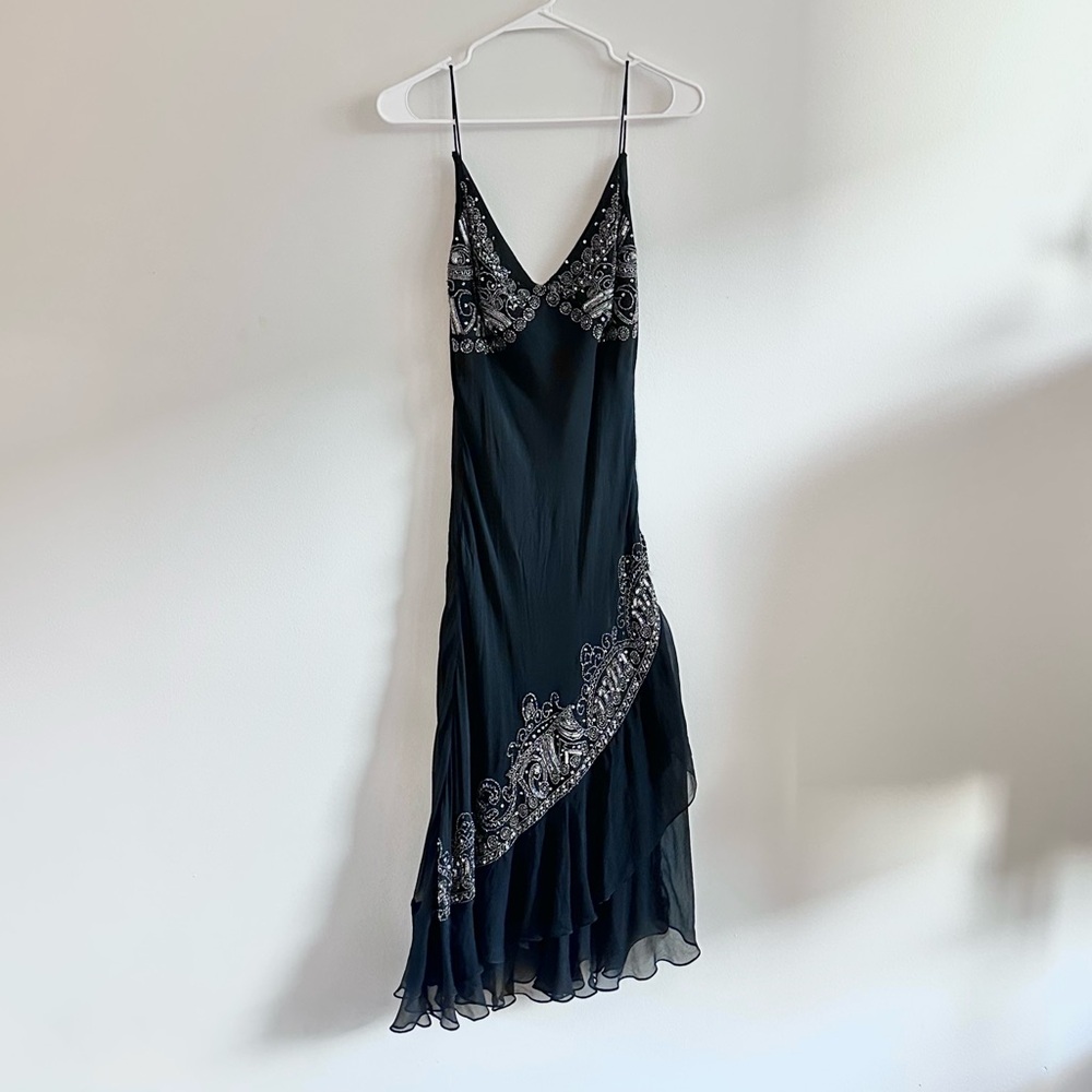 Vintage Y2K Adrianna Papell Boutique Black Beaded Silk Asymmetrical Midi Dress